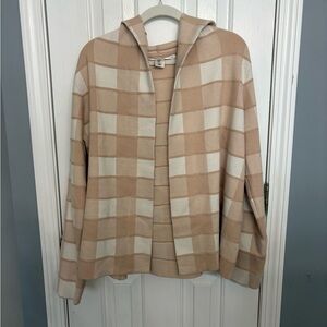 Women’s Max Studio Open Checkered Sweater Cardigan Size M Beige Tan Hooded Soft